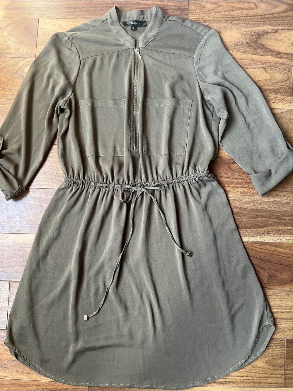 Dynamite Olive Green Drawstring Shirtdress long sleeves adjustable Zipper Large